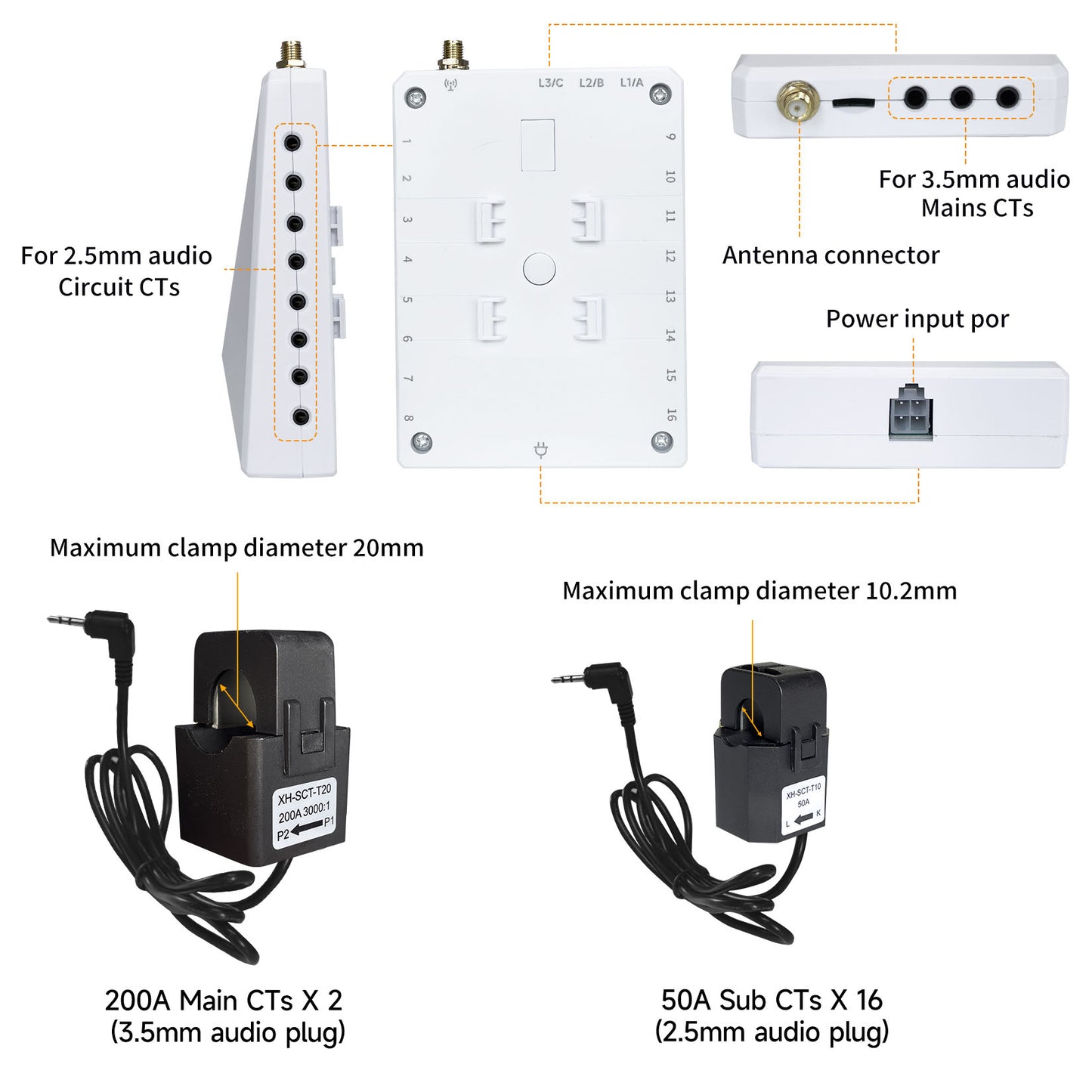 Smart Home Energy Monitor with 16 50A and 2-200A Circuit Level Sensors, Real-Time Accurate Energy Consumption Tracking, WiFi Meter Solar/Net Metering, 2.4 GHz WiFi