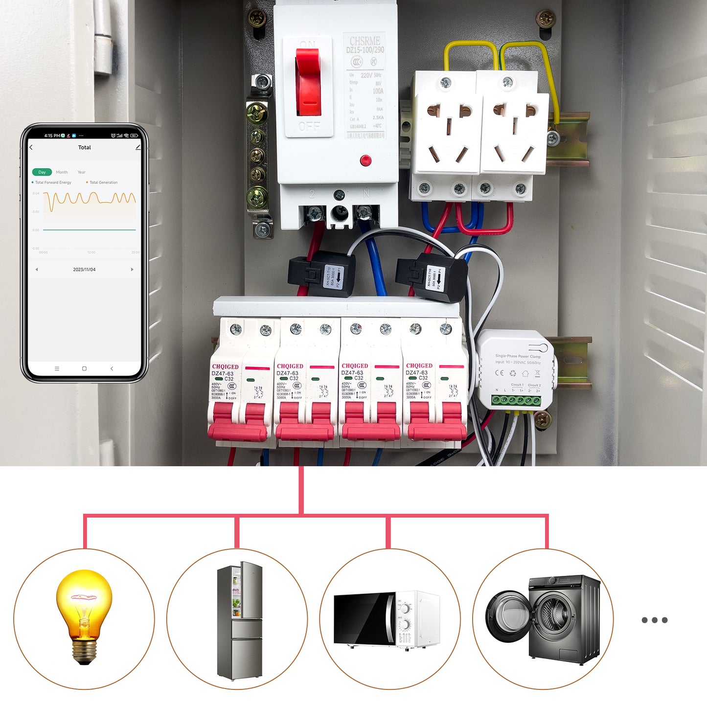 Smart Energy Monitor, Single Phase Clamp Electricity Meter with 2 * 80ACT Current Transformer, WiFi, Real-Time Electricity Monitor/Meter, Solar/Network Metering